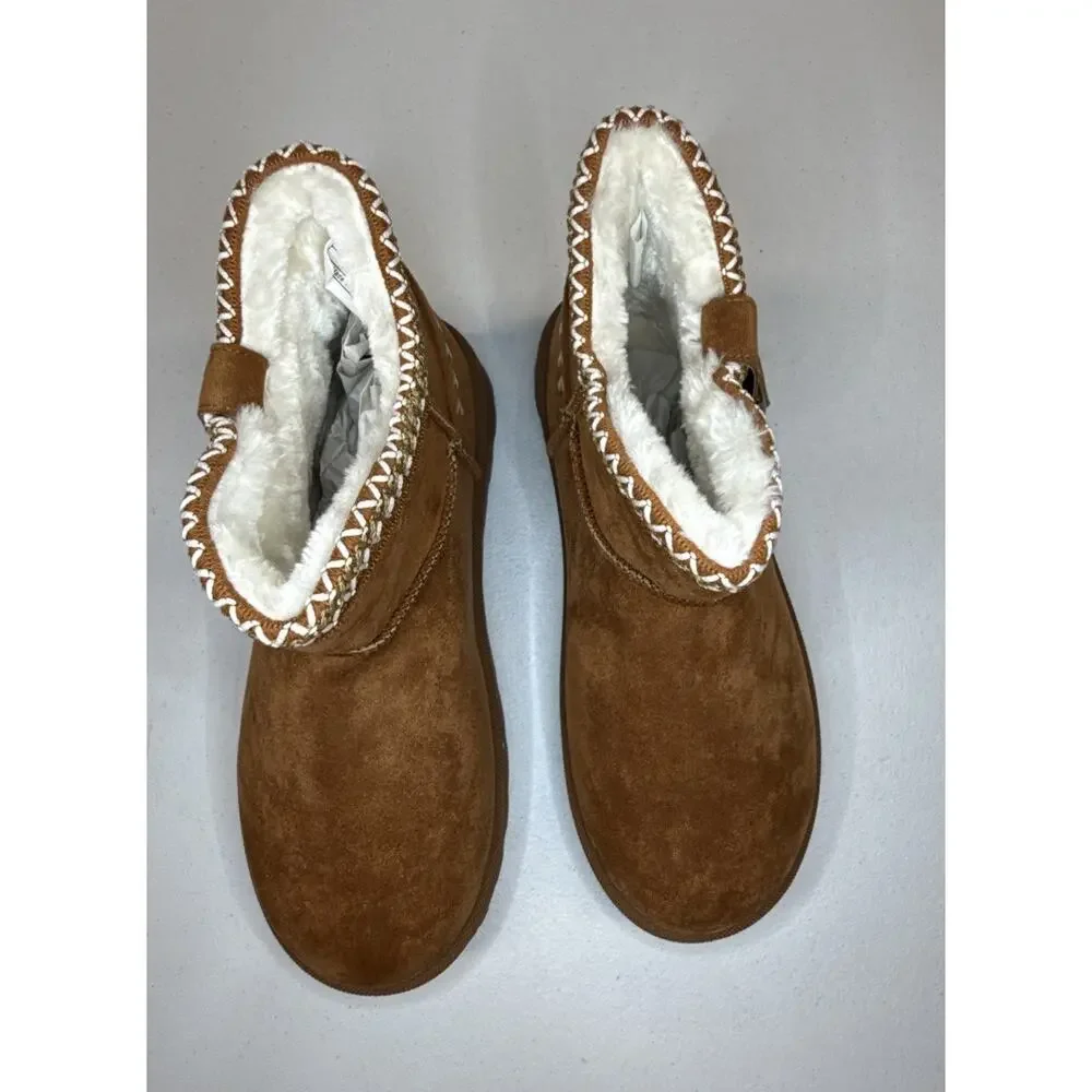 Women’s Suede Ankle Booties Chestnut Brown Faux Fur Platform Winter Size 9